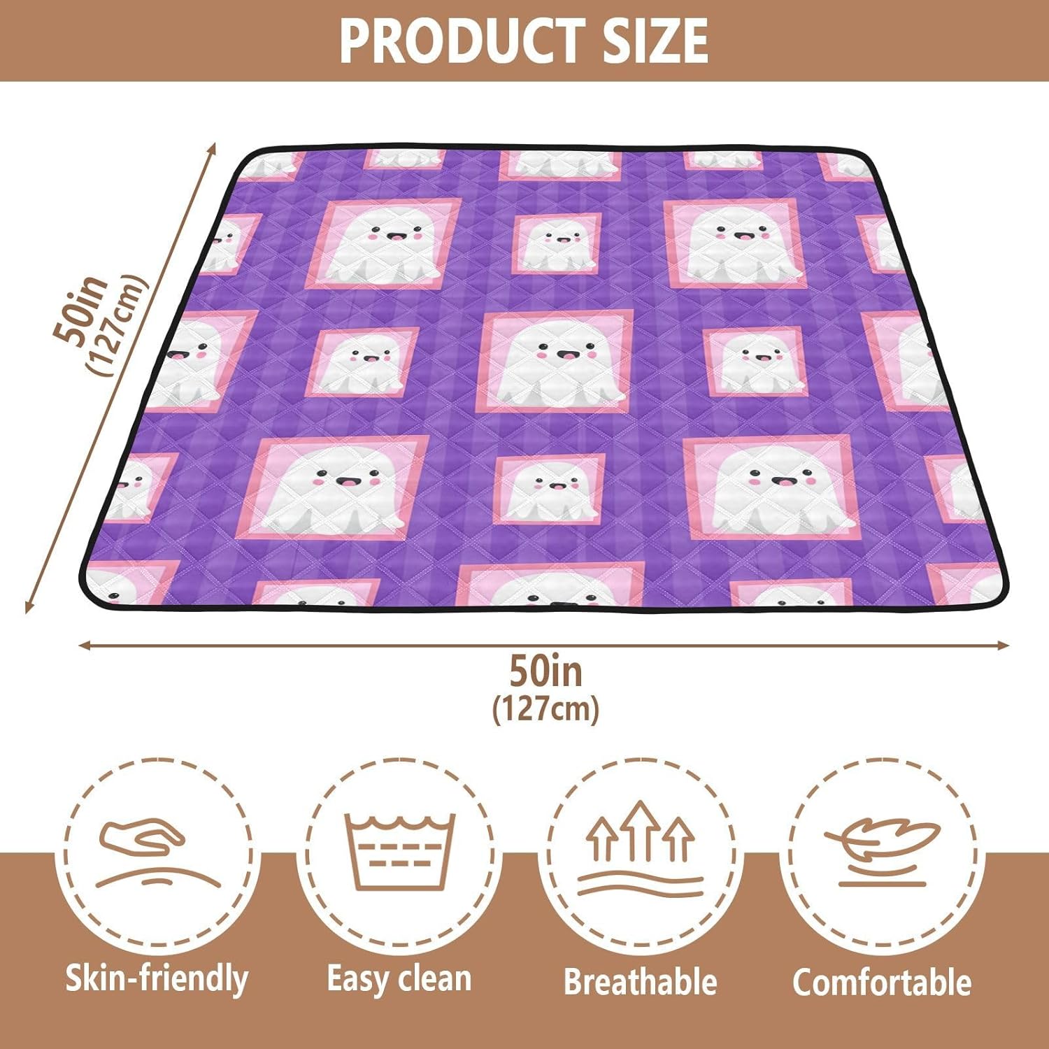 Doodle Cute Ghost Baby Play Mat, 50“ X 50” Washable Folding Crawling Mat, Baby Floor Mat, Soft, Non-Slip