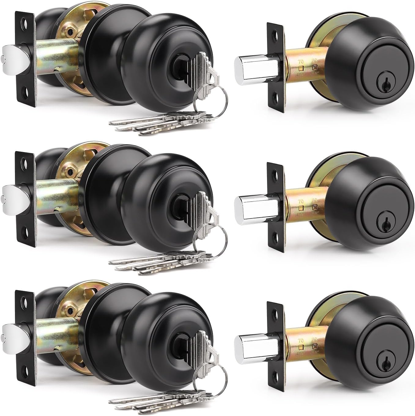 Brotima 3 Pack Keyed Alike Front Door Knob and Deadbolt Set, Entry Door