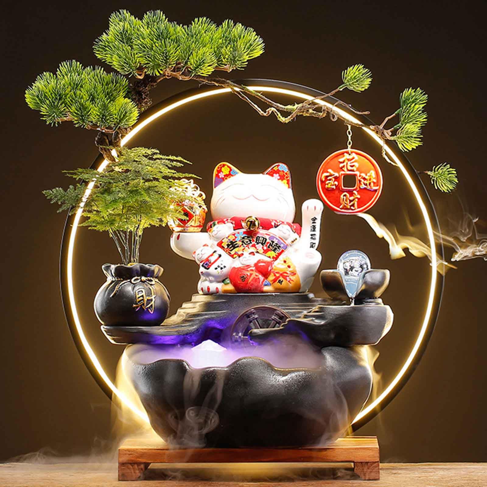 desktop fountain, Adjustable LED Light Ring and Backflow Incense Burner Holder, for Home and Office Decoration(B)