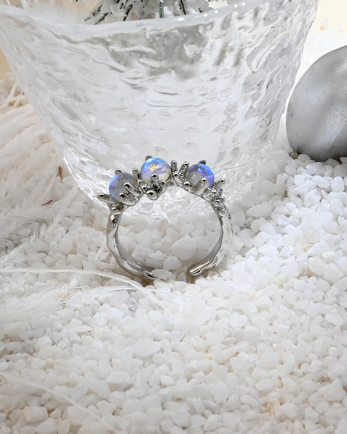 Moonstone Silver Open Ring Y2k Unique Adjustable Rings for Women Trendy Jewelry - Image 4