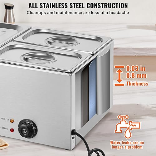 Miniatura 5 de VEVOR Calentador de alimentos comercial de 110 V, 3 bandejas de acero inoxidable Bain Marie de capacidad de 21 cuartos de galón, calentador de sopa
