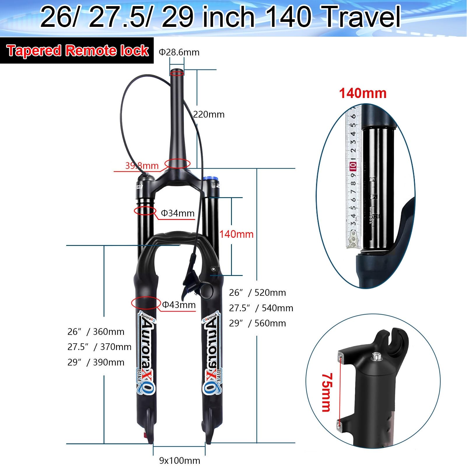 Forcella Ammortizzata AuroraXQ per Mountain Bike da 26/27,5/29 Pollici, Escursione 140 mm, Dritta/conica, Regolazione del Ritorno 1-1/8", sgancio rapido Anteriore 9 mm