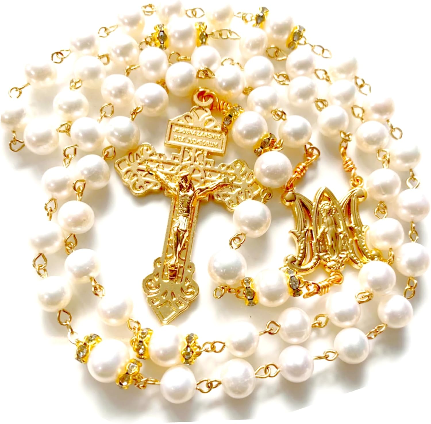 elegantmedical GOLD AAA 8-9MM pearls PEARL BEADS ROSARY CROSS NECKLACE CATHOLIC GIFT