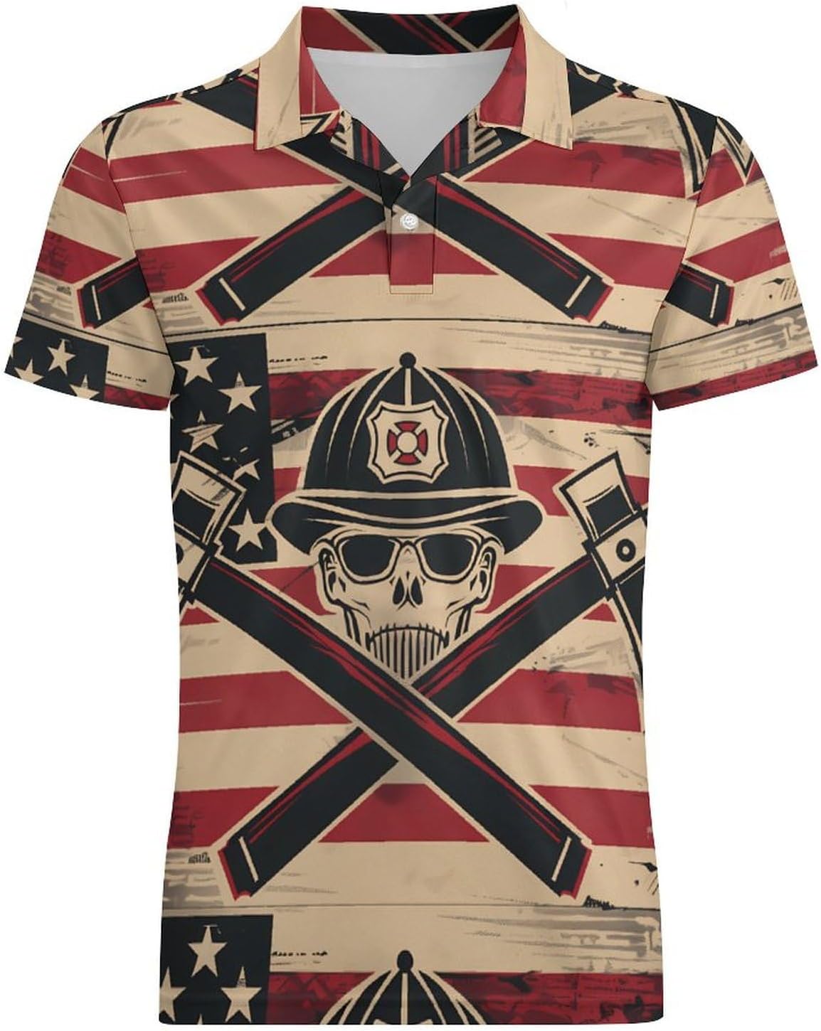 US Flag Skull Firefighter Novelty Men's Short Sleeve Shirt Golf Tennis Shirts Work T-Shirt Sport Tee