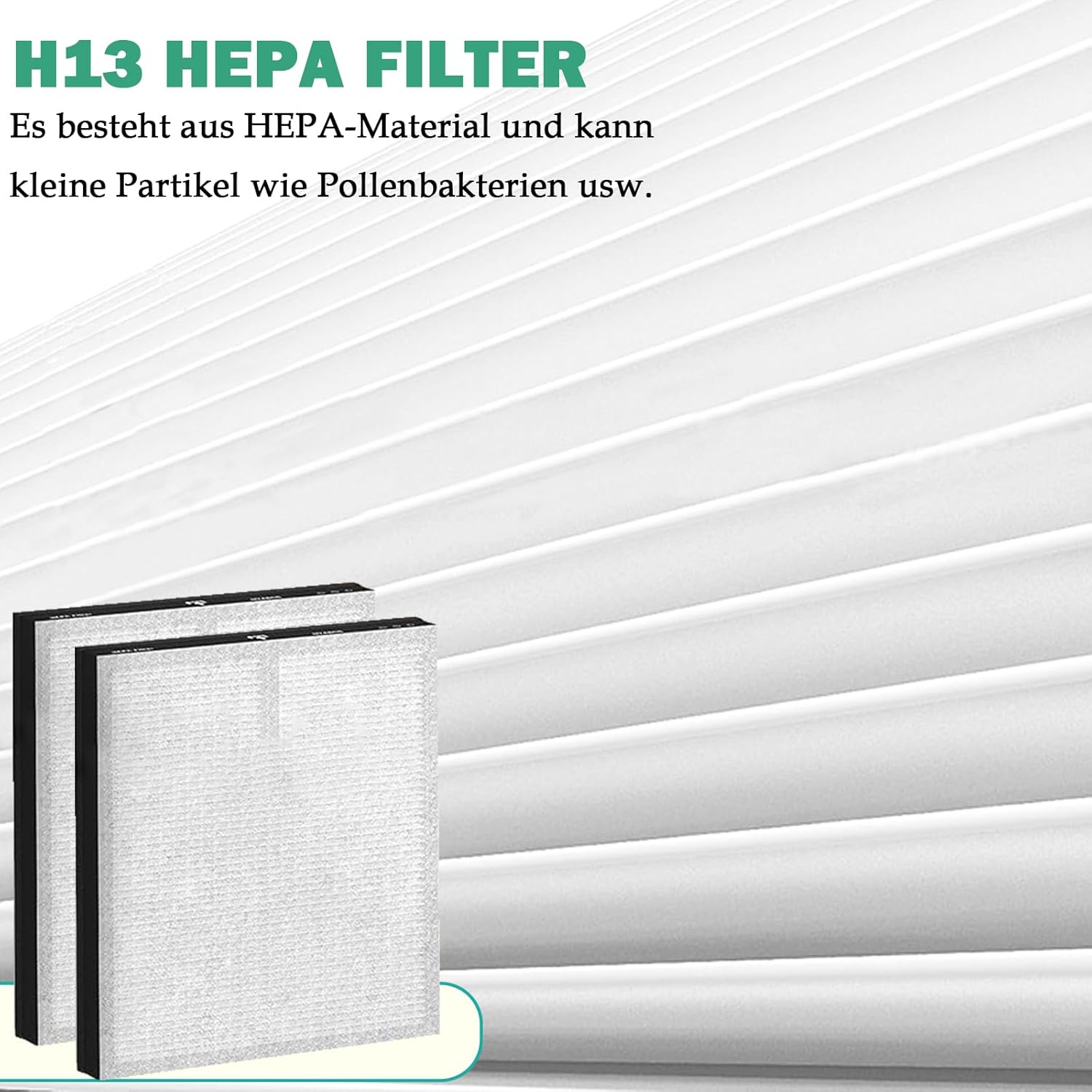 Close-up of the H13 HEPA filter material, showing its fine pleated structure.