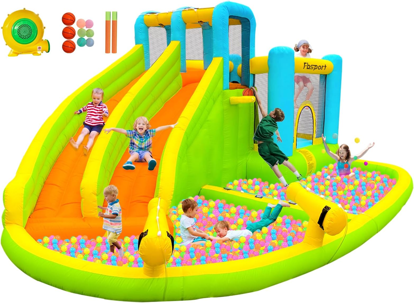 FBSPORT Inflatable Bounce House Double Slide,Water Slide Park Castle w/ Water Gun,Climbing Wall,Jumping & Splash Pool,Kids Bouncy Castle w/ 550W Air Blower Outdoor Backyard,Yellow Green-double Slide