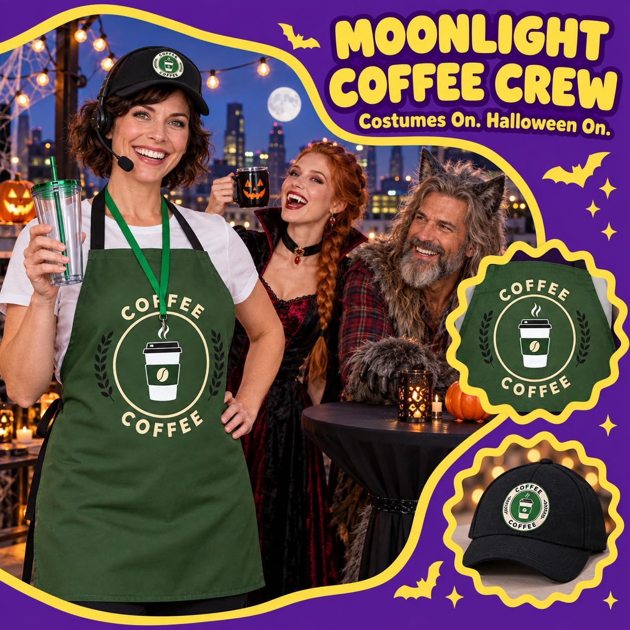 Halloween Coffee Clerk Costume Accessories Apron Hat Headset Badge Cup