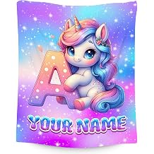 Personalised Unicorn Blanket for Kids   Girls Monogram Blankets with Name   Custom Initial Gifts for Children   Soft Flannel Throw for Sofa, Bed, Travel & Bedroom