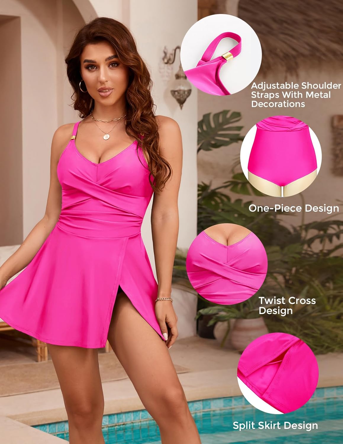 Hanna Nikole Womens One Piece Swimsuits,Tummy Control Bathing Suit,Gold Metal Criss Cross Swimdress,Skirted Swimwear - Image 5