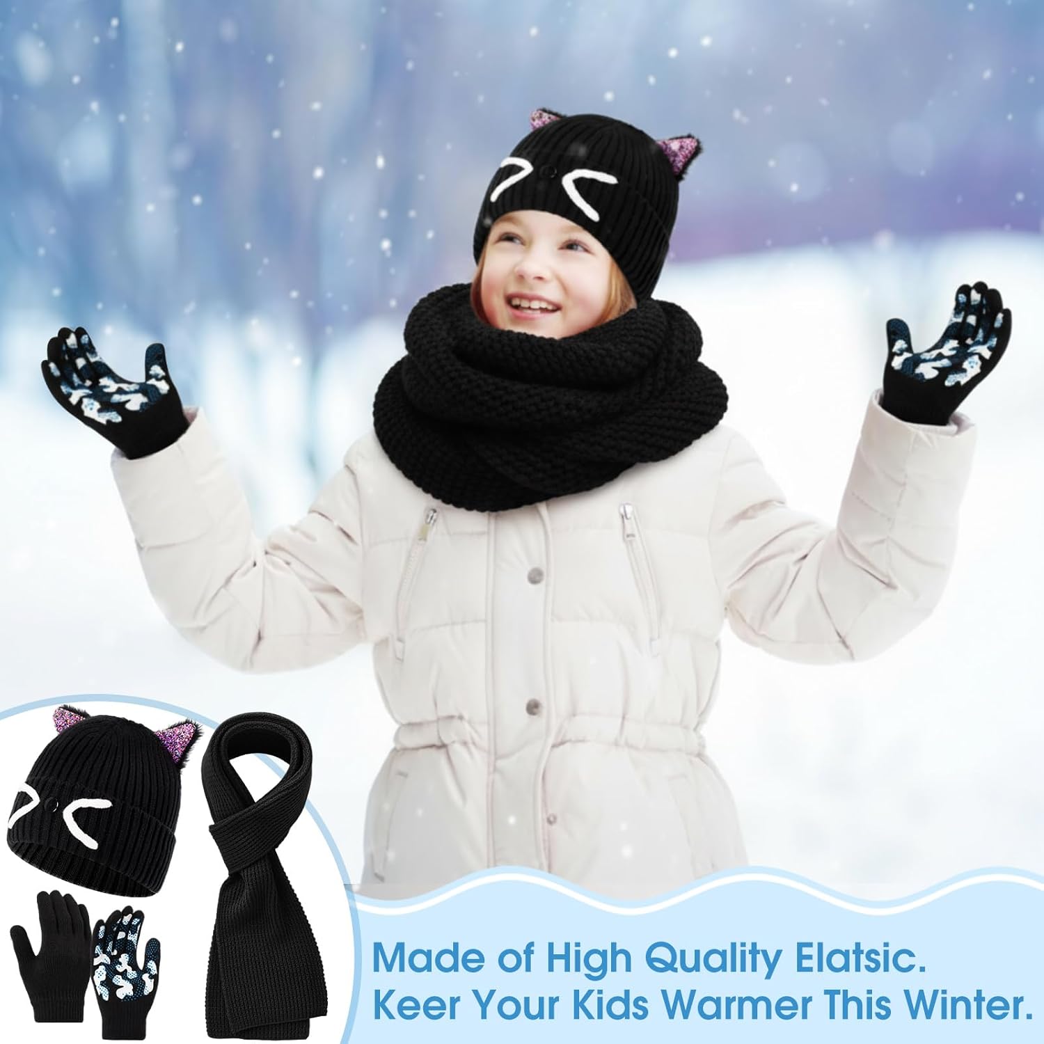 3 Pcs Winter Hat Gloves Scarf Set for Kids Girls Toddler Children Winter Cat Beanie, Glove, Scarf for 7-12 Age - Image 4