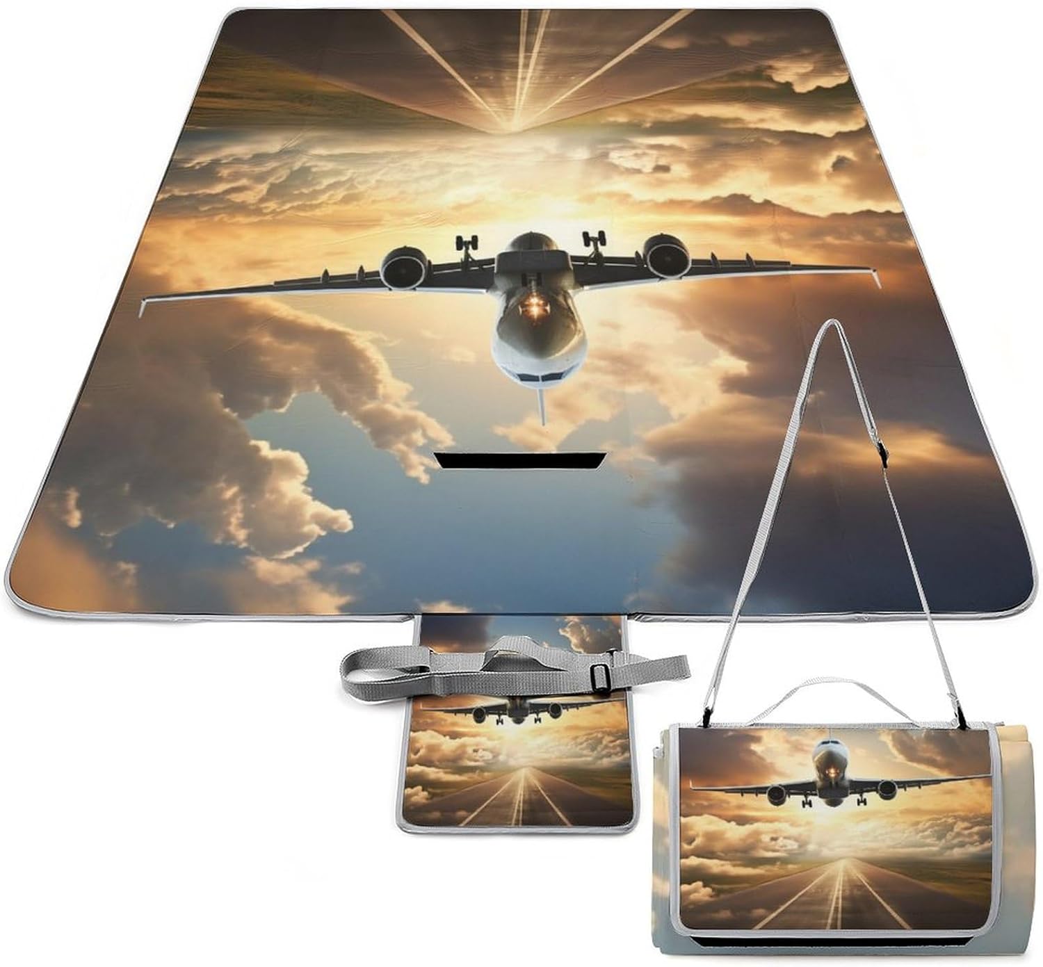 Airplane Waterproof Picnic Blanket 58.3''x58.3'',Portable and Foldable Picnic Mat with Handle,Outdoor Blankets for Lawn Park Beach Travel
