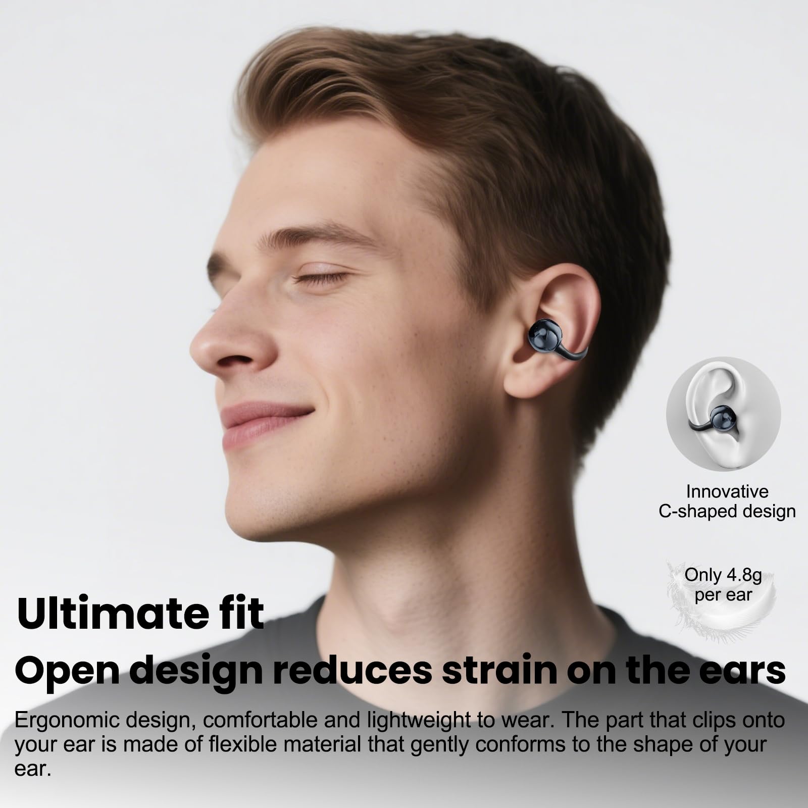 Auricolari aperti, con clip, wireless, Bluetooth 5.4 con microfono, 60 ore di riproduzione, cancellazione del rumore, auricolari aperti, leggeri e confortevoli, per sport, fitness, corsa, allenamento