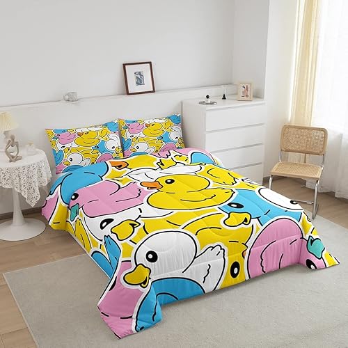 Miniatura 2 de Erosebridal Juego de ropa de cama de pato colorido para niños y niñas, juego de edredón de patos de dibujos animados, relleno de edredón de animales