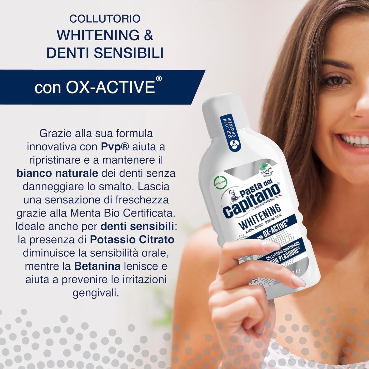 Pasta del Capitano Collutorio Whitening & Denti Sensibili - Enjuague bucal para dientes sensibles 400 ml + llavero Beni Culinari gratuito (12 unidades)