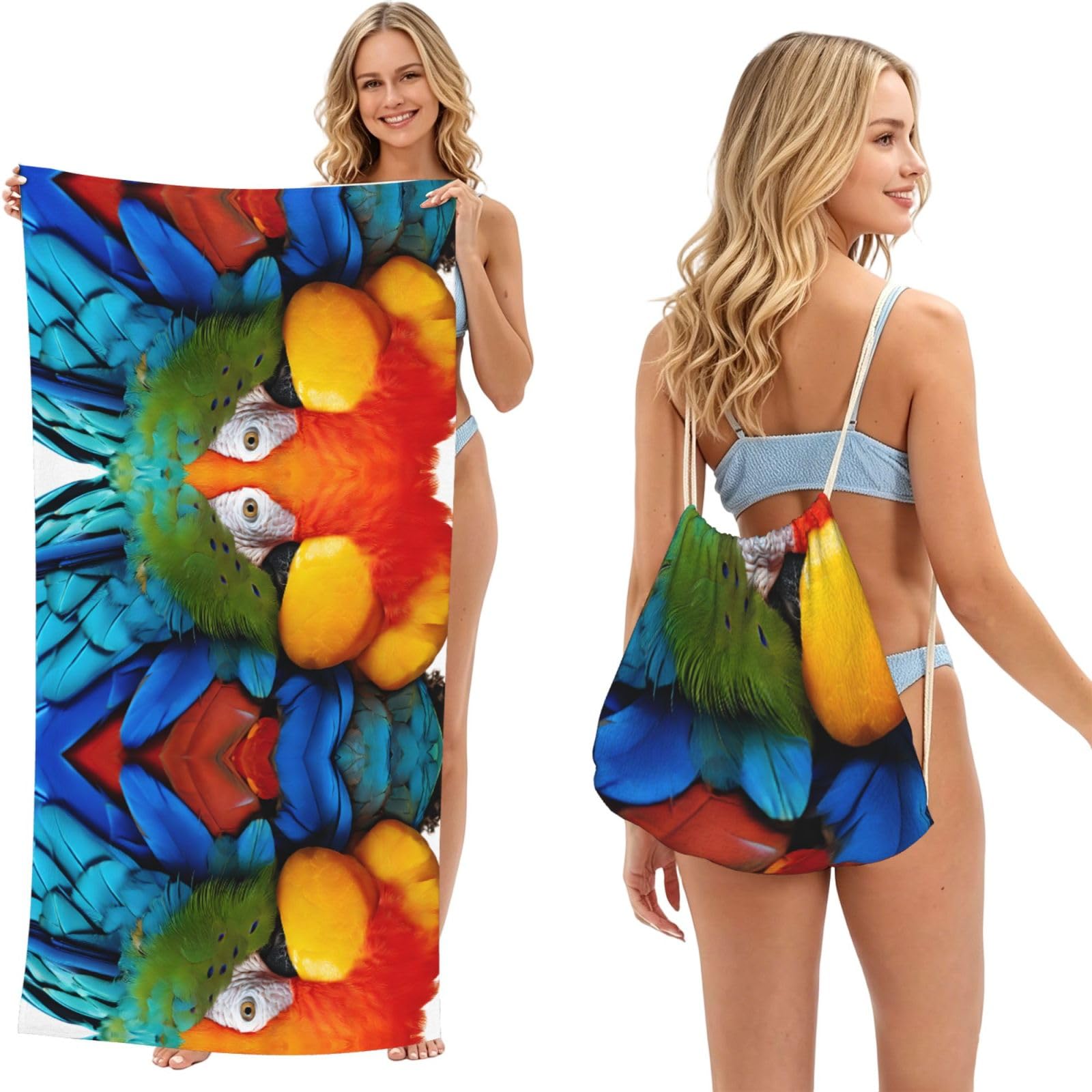 ESNAIUVCD Fantastic Parrot Feather Print Beach Towel For Adults,Towel With Drawstring Bag, Travel Pool Swimming Sports Shower Sand Free Quick Dry Bath Towel For Pool, Beach, Yoga- 180x60cm