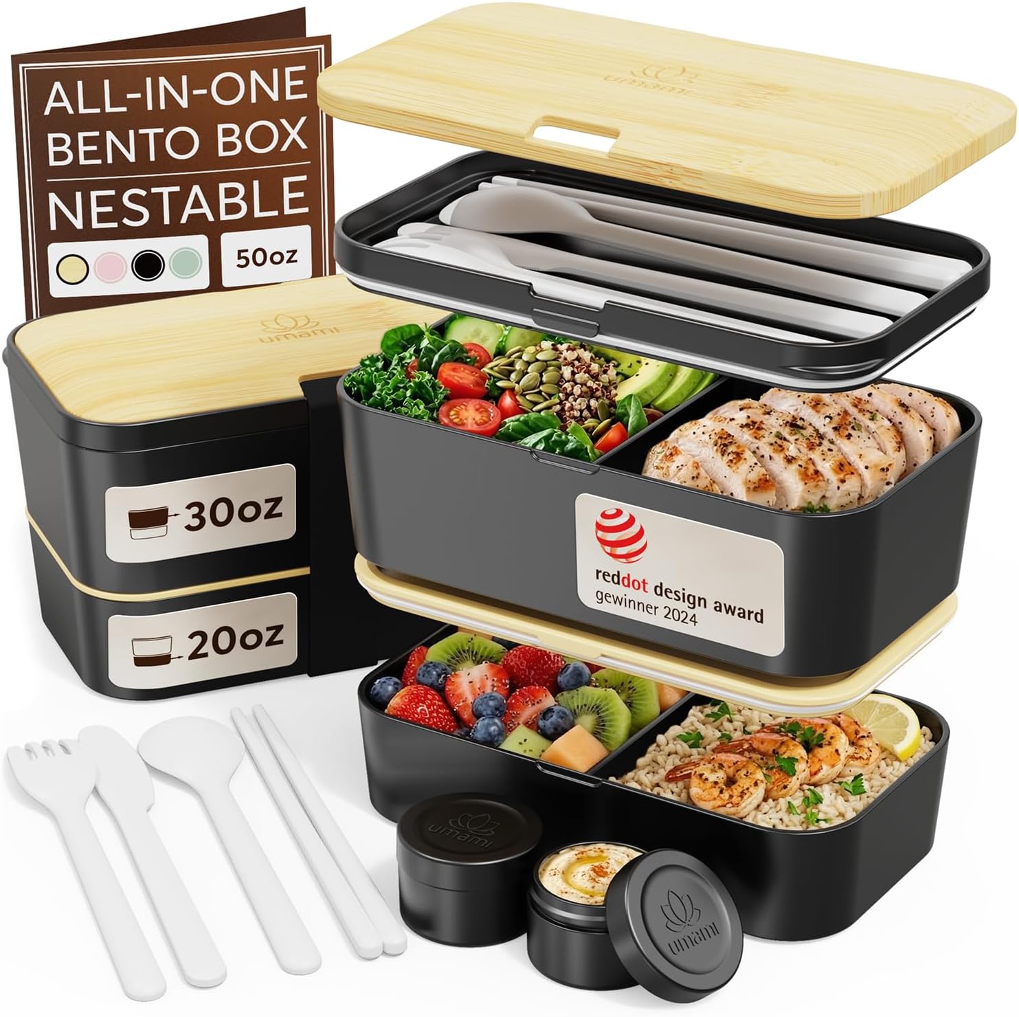 Umami Bento Box Adult, Leakproof, All-in-1 Lunch Containers for Adults | 50 oz, Premium, nestable, microwave & dishwasher safe, 4 utensils, & 2 sauce jars included, BPA-free, 50 oz, Black & Tan