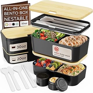 Umami Bento Box All-in-1 w/ 4 Utensils, 100% Leakproof, Dishwasher & Microwave Safe Lunch Containers for Adults w/ 4 Compartments, Black & Tan, 50 oz