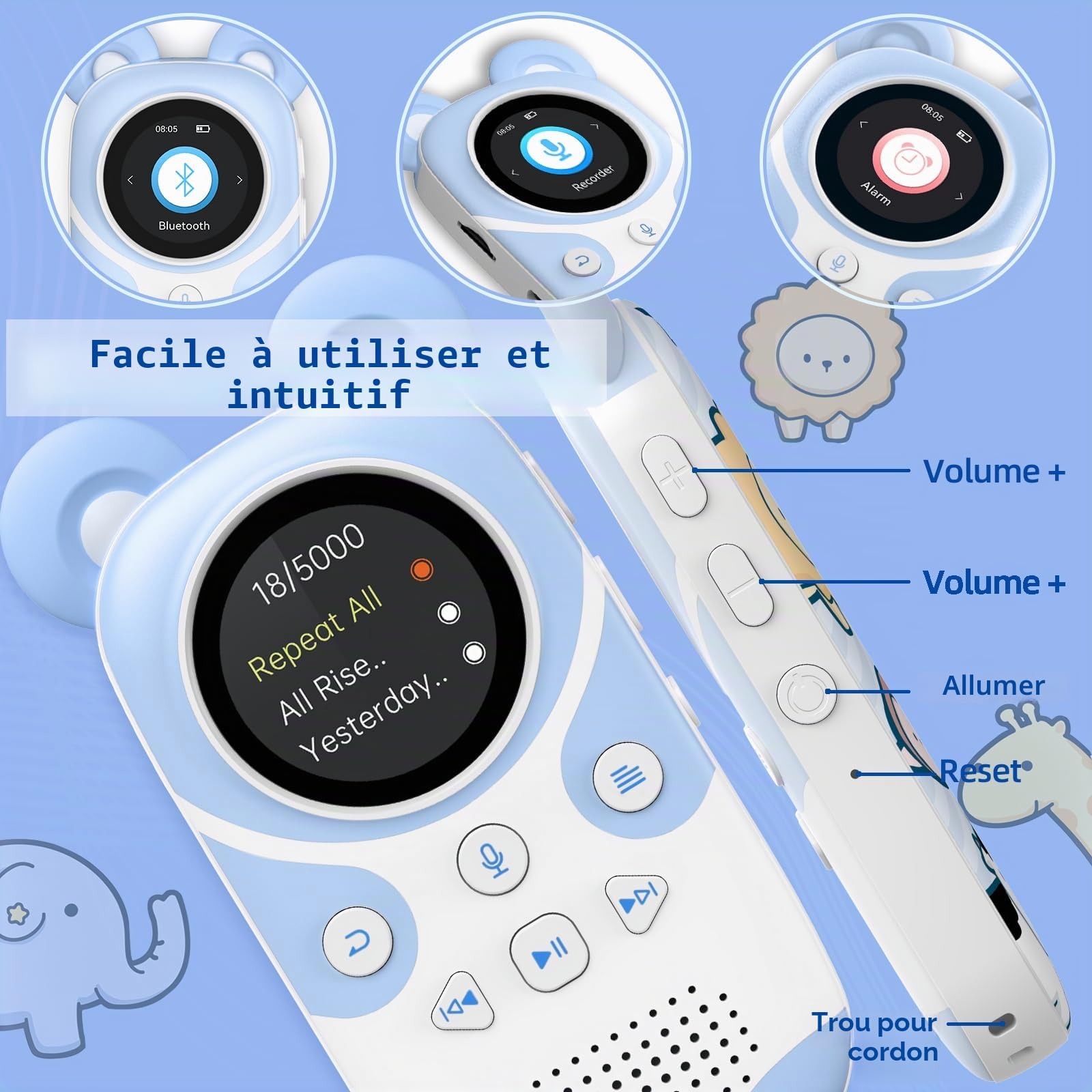 Lecteur MP3 Enfants Bluetooth 5.3 64GB avec Radio FM, Réveil, Enregistrement, Chronomètre