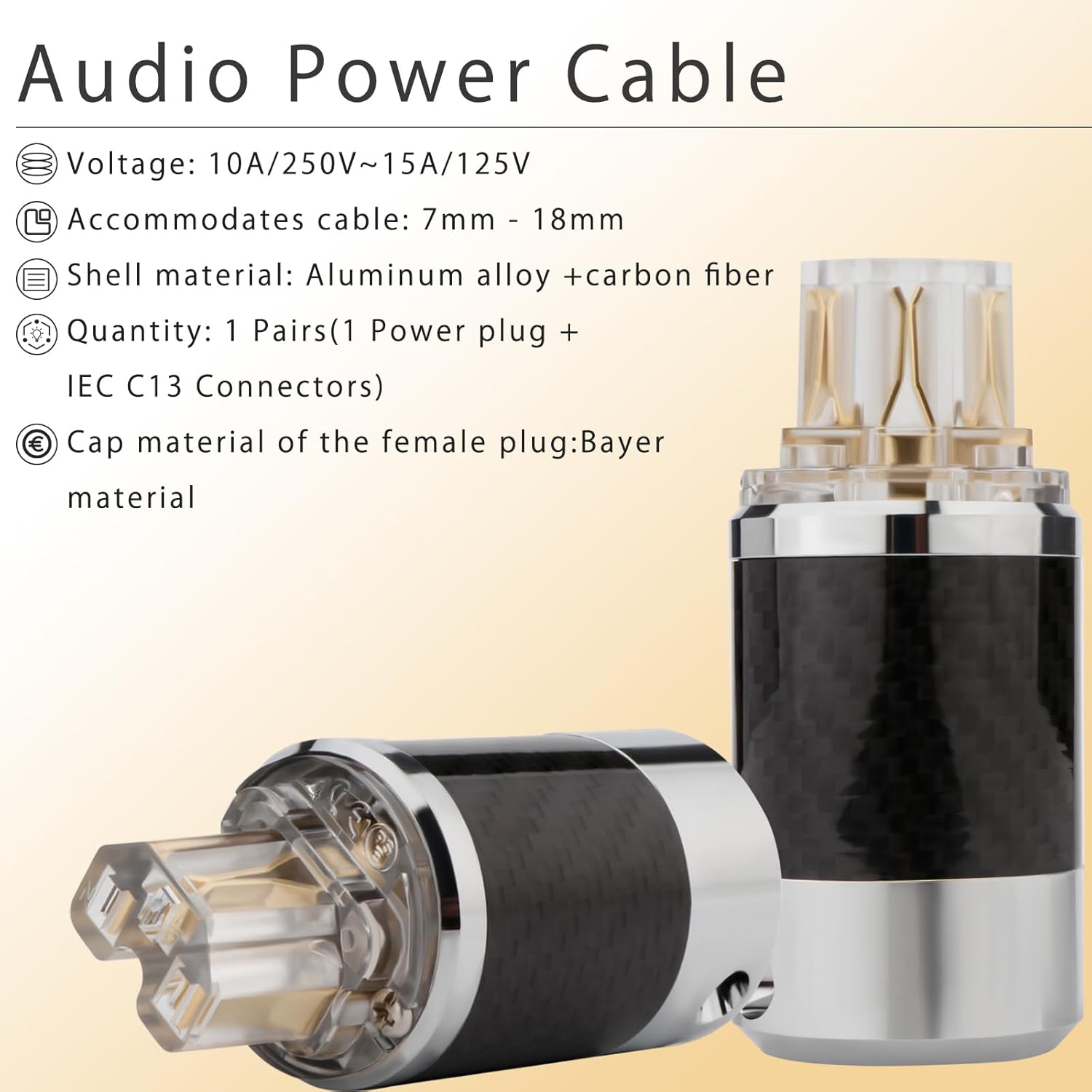 Monosaudio Audio Power Plug Black Carbon Fiber Transparent Aluminum Shell 10A/250V 15A/125V Power Connector Brass IEC320 C13 Connector for DIY Audiophile Power Cord Audio Power Cable(Gold Plated)