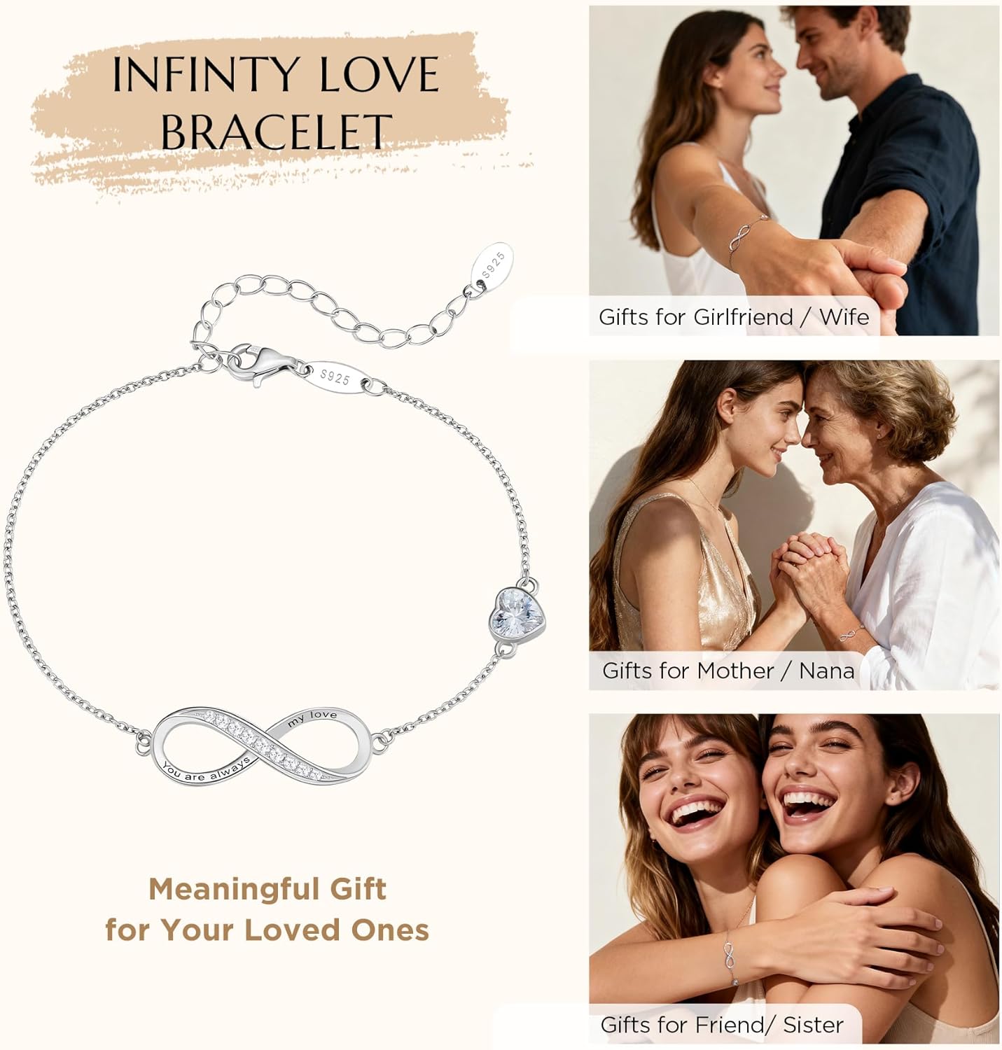 NORBU S925 Infinity Bracelets for Women, Sterling Silver Womens Infinity Heart Birthstone Link Charm Bracelet, Jewelry Gifts for Her Christmas Birthday Valentine Mother's Day - Image 6