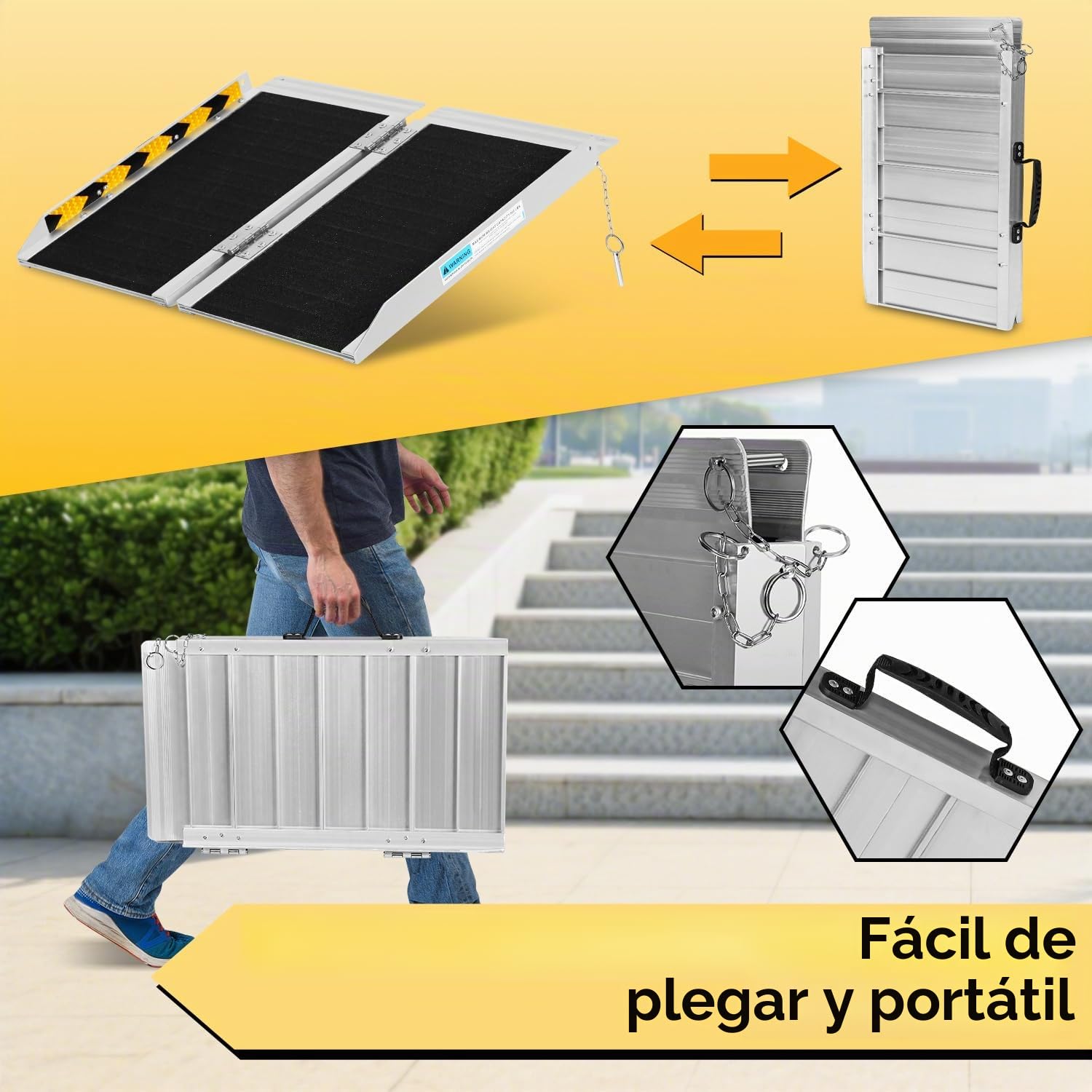 Rampa portátil para silla de ruedas de 61 cm, rampa para silla de ruedas, de aluminio, antideslizante, carril de acceso móvil, soporta hasta 270 kg, rampa plegable para escaleras, escalones,