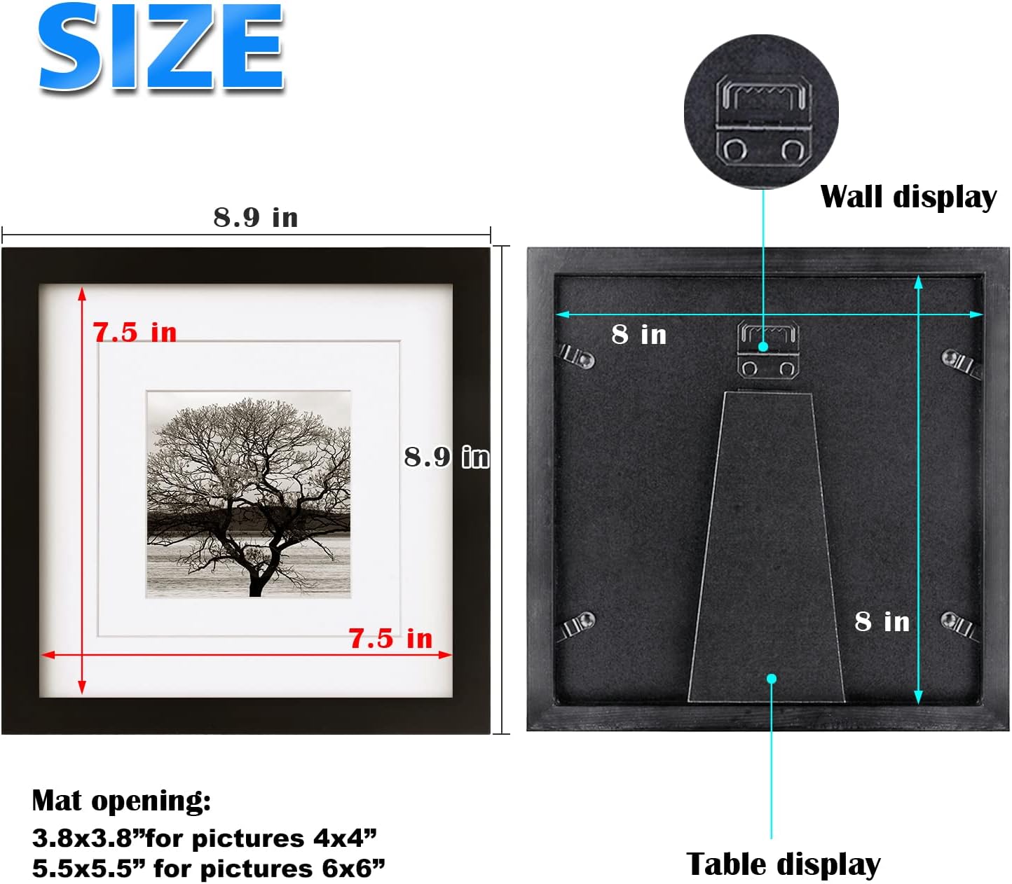 Egofine 8x8 Black/White Picture Frames 4 PCS - Made of Solid Wood Covered by Plexiglass Display 4x4/6x6 with Mat or 8x8 Without Mat
