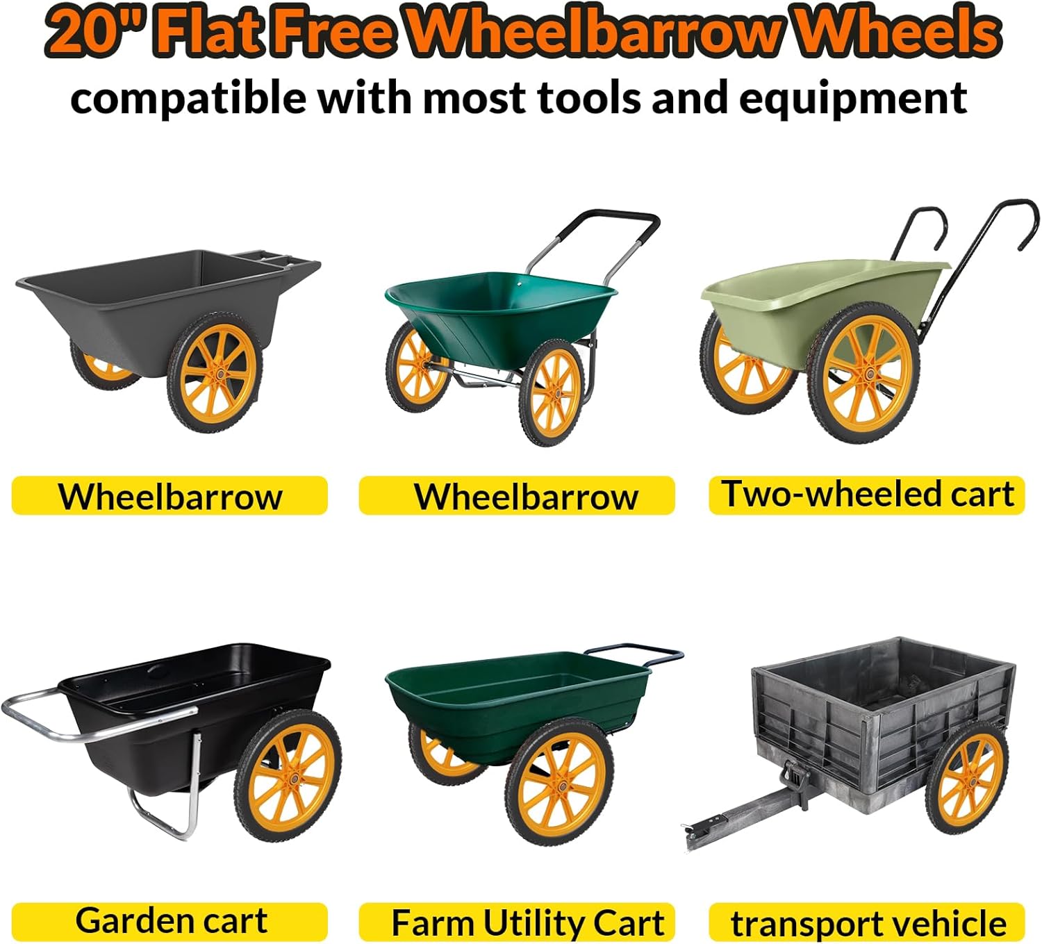 20 Inch Flat Free Wheelbarrow Wheels Compatible with rubbermaid Wheelbarrows Cart Tires, 5/8" Bearings and 3/4" Bearings, Replacement Wheelbarrow Wheels Garden Yard Carts, 400Lbs, 2Pack Orange