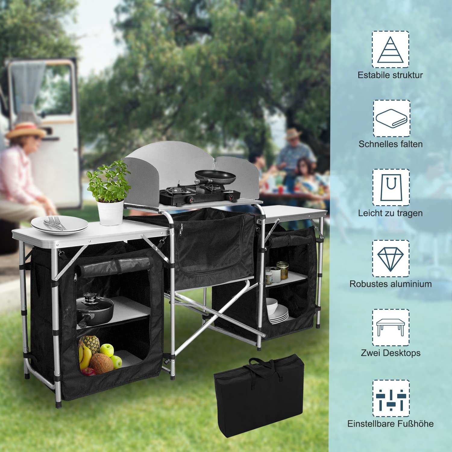 Cuisine de camping pliable, armoire de camping avec sac de transport, cuisine en aluminium, armoire de tente, boîte de cuisine