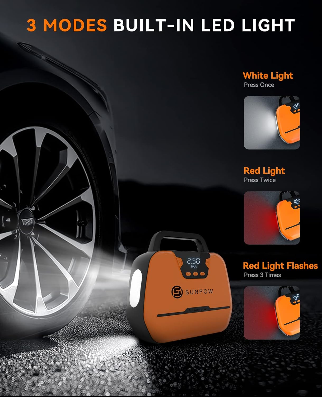 SUNPOW Tire Inflator Portable Air Compressor, 12V DC Air Pump for Car Tires (up to 150 PSI), Auto Tire Pump with Digital Pressure Gauge, Emergency LED Lights, Bicycle, Balloon, Other Inflatables