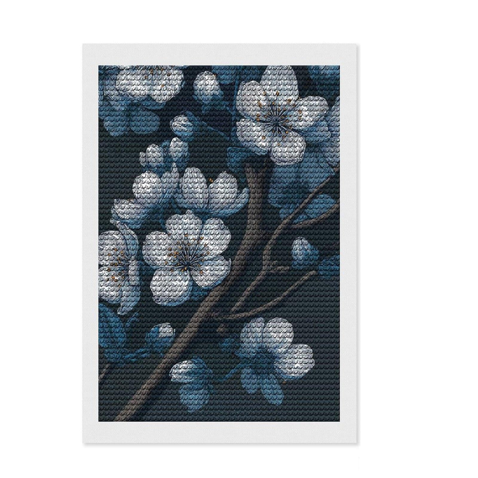 Junmoney Blue Cherry Blossom Branch Illustration Crystal Diamond Art Kit 8"x12", Round Gems, Modern Decor, Artistic Hobby, Vintage Style Decor, Festive Craft Gift