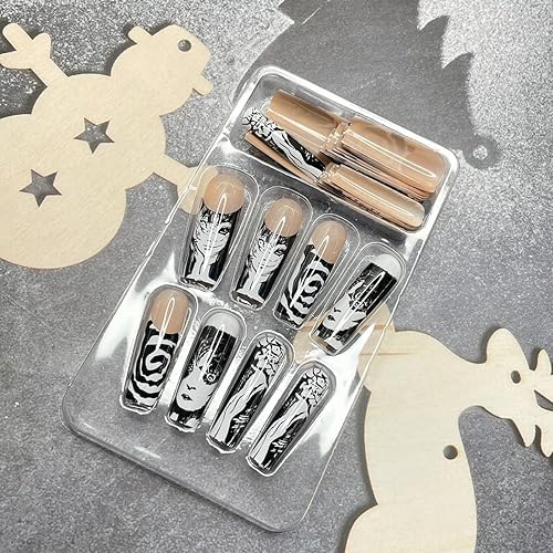 Miniatura 4 de 24 uñas largas a presión, uñas postizas cuadradas de punta francesa, uñas acrílicas punk, negras y blancas, diseño de anime, uñas postizas de