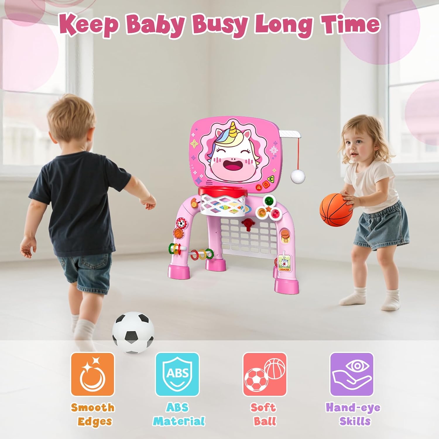 Toddler Basketball Hoop Tball Set & Soccer Goal - Unicorn Sport Toys for 1 Year Old Girl with Learning Activities (Abacus/Alphabet/Animals Sounds) Christmas Birthday Gifts for Baby Girl Age 1 2 3