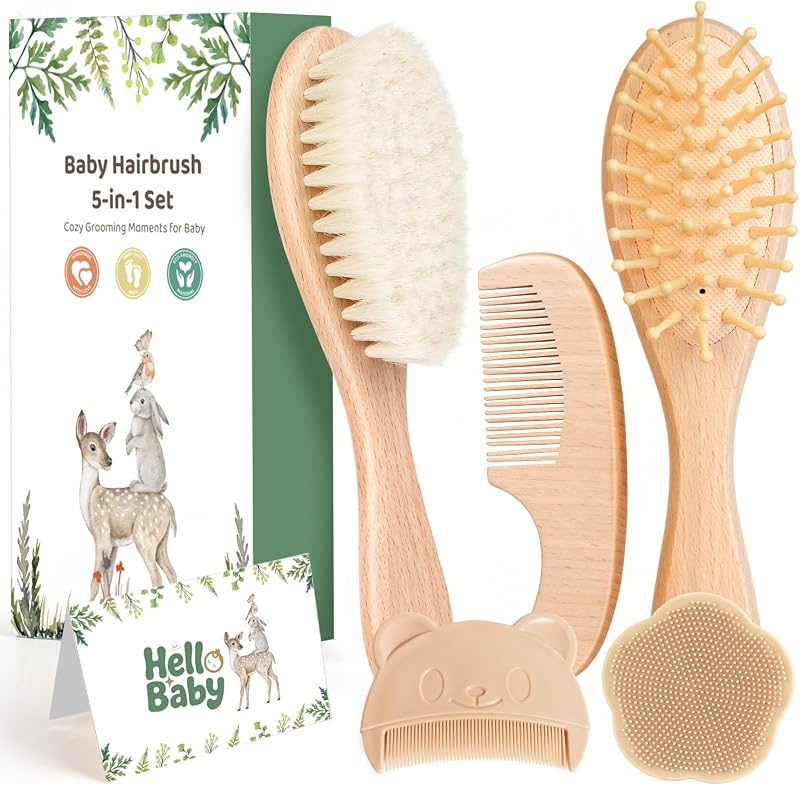 5 Piece Baby Hair Brush Set, Wooden Baby Brush and Comb Set with Natural Soft Goat Hair Bristles, Cradle Cap Brush, Baby Essentials Grooming Kit for Boy Girl