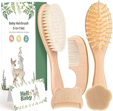 5 Piece Baby Hair Brush Set, Wooden Baby Brush and Comb Set with Natural Soft Goat Hair Bristles, Cradle Cap Brush, Baby Essentials Grooming Kit for Boy Girl