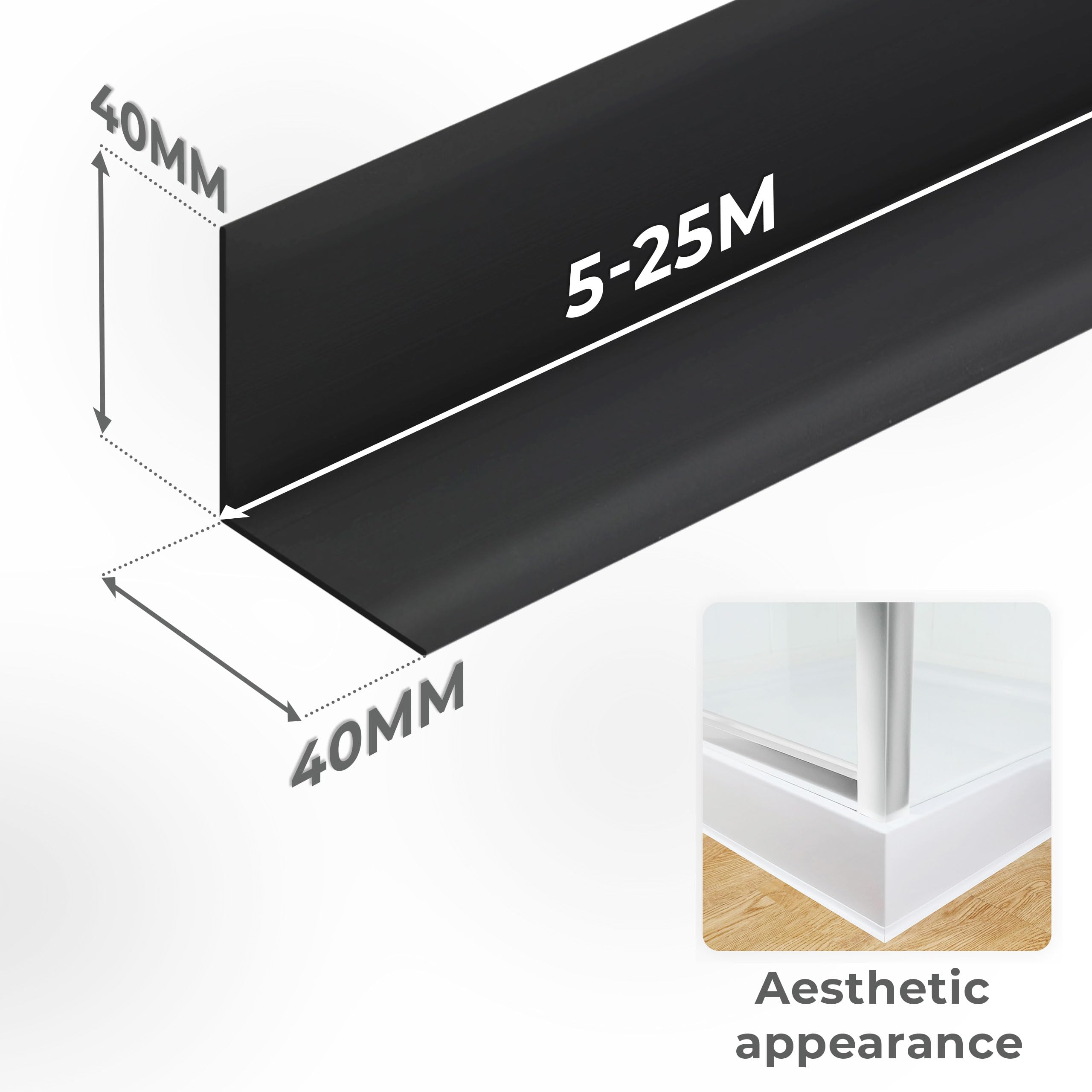 Rodapiés Flexible Autoadhesivo - 40 mm x 40 mm - Rodapié Plegable para Cocina, Baño - Cinta de sellado, Perfil PVC - Estanco, Decorativo - 10 Metros, Negro