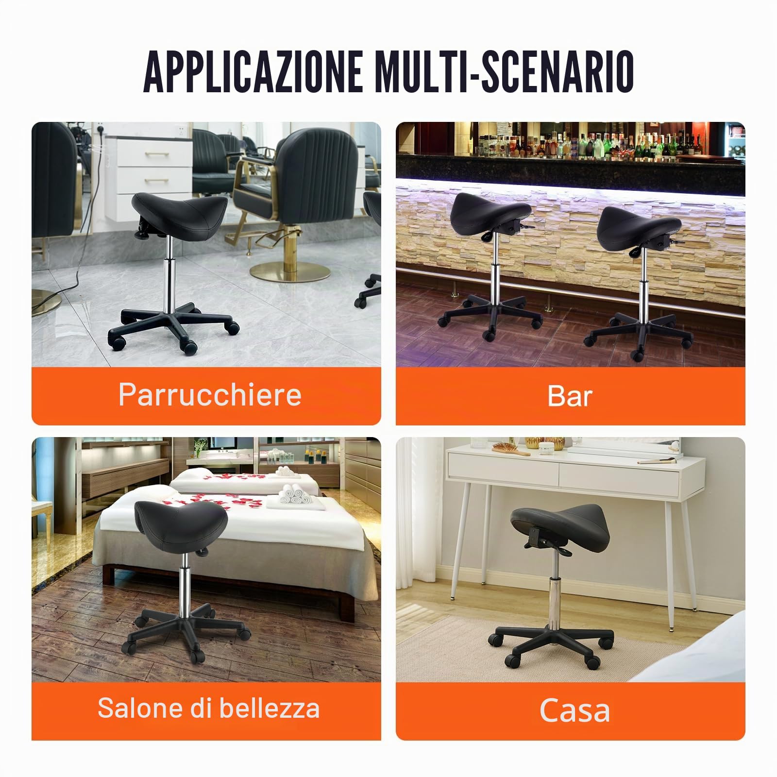 VEVOR Sgabello a Sella Altezza Regolabile 510-710mm Senza Schiena Capacità Carico Max. 181kg per Ufficio Salone Studio Parruccheria, Sedia a Rotella da Lavoro Girevole 540 x 540 x 510 mm per Ufficio