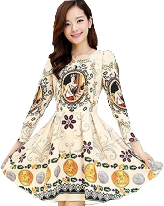 Amazon Co Jp 秋 長袖 英国風 ドレス ラウンドネック プリントドレス ワンピース ミニスカート チェニック レトロ エレガンス レディース カジュアル ファッション クマのぬいぐるみ付き Sm0194 ファッション