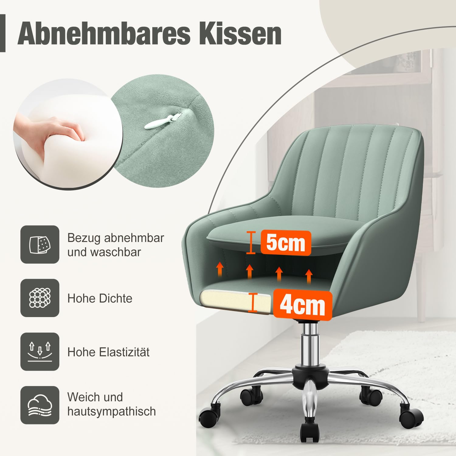 Schreibtischstuhl,Bürostuhl mit gepolstertem Samtstoff,Schminktisch Stuhl,höhenverstellbar Drehstuhl,Homeoffice Stuhl bis 150 kg belastbar,für Arbeitszimmer, Schlafzimmer, Büro,Erbsengrün