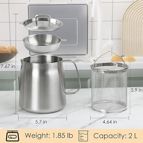 Miniatura 6 de Olla de filtro de aceite de acero inoxidable 304 de 68 onzas, contenedor de grasa de tocino resistente y canasta para freidora, recipiente de filtro