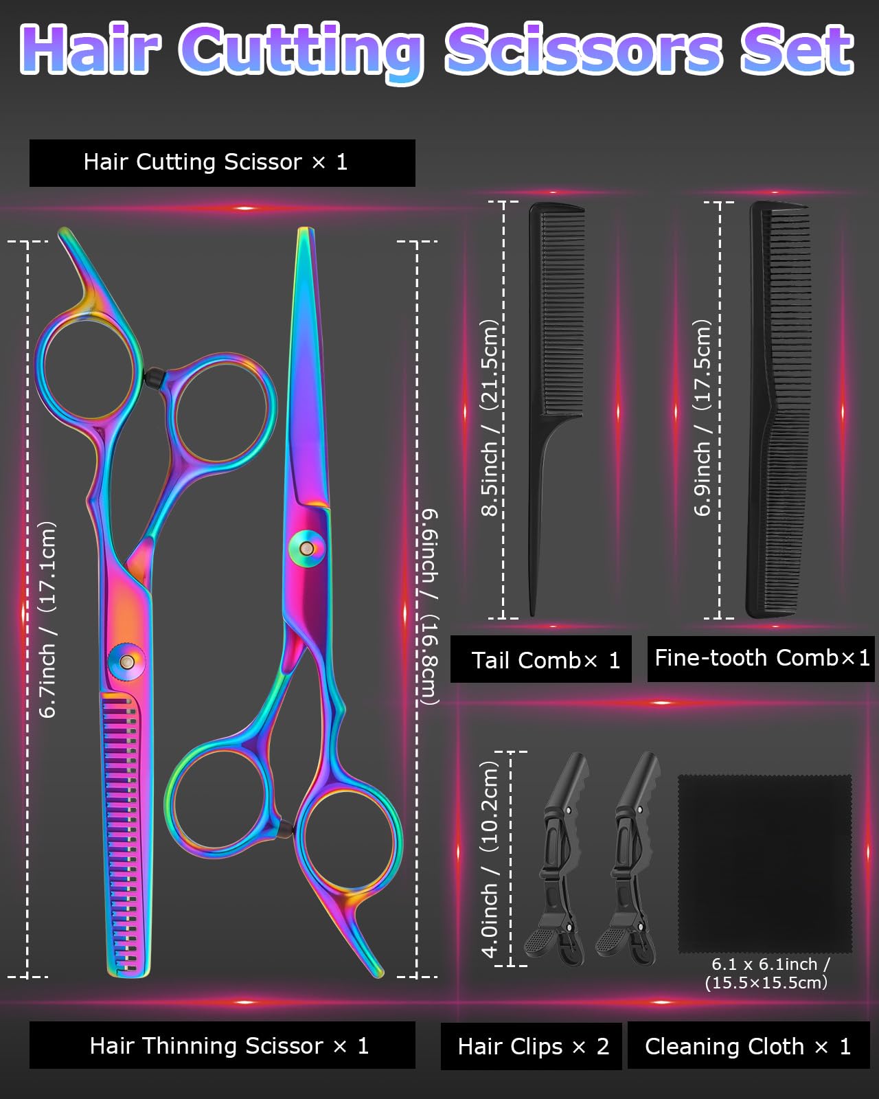 Lictin Ciseaux Coiffeur Professionnels 13 en 1-6.7" en Acier Inoxydable avec Peigne - Pour Coupe Effilée, Dégrader, Hommes, Femmes & Enfants (Multicolore Éclatant)