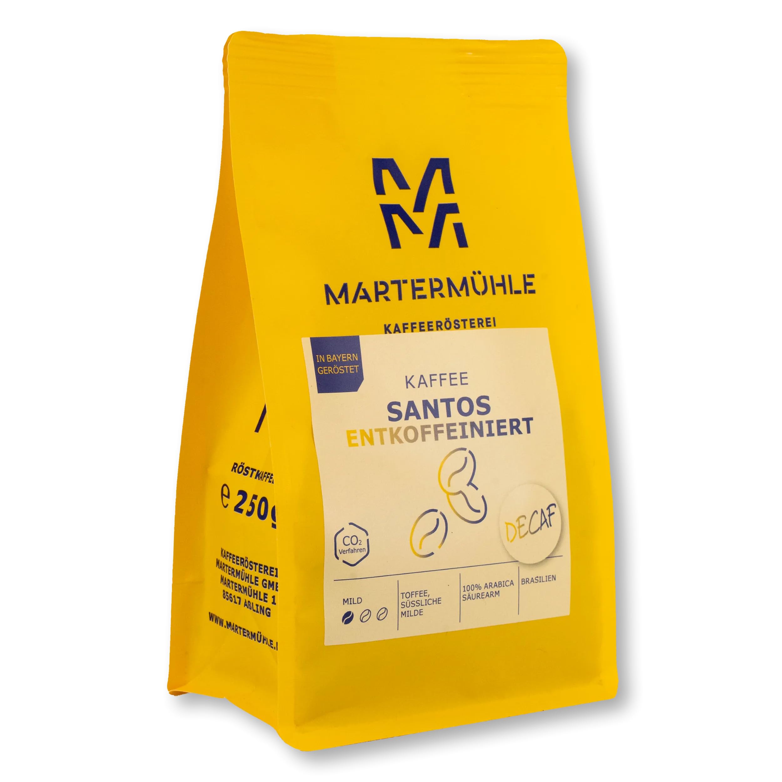 Martermühle Santos Kaffeebohnen entkoffeiniert 1kg mild I Arabica I Aromen: Mandel, Süssliche Milde I Ganze Kaffee-Bohnen schonend geröstet, säurearm