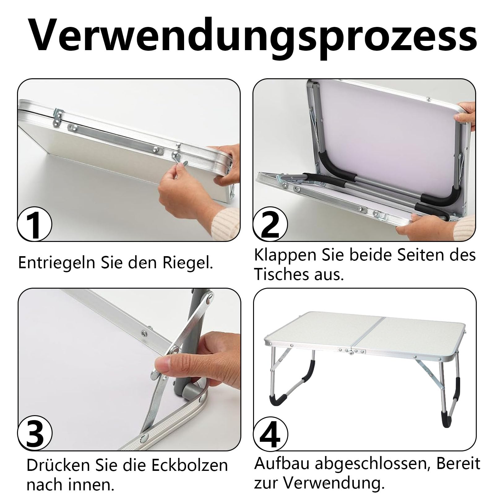 Kleiner Klapptisch, 61 x 40 x 26 cm Aluminium Laptoptisch Klappbar, Tragbar Betttablett Klappbar mit Griff, Campingtisch kleinklappbar, für Picknicks und Camping, Weiß