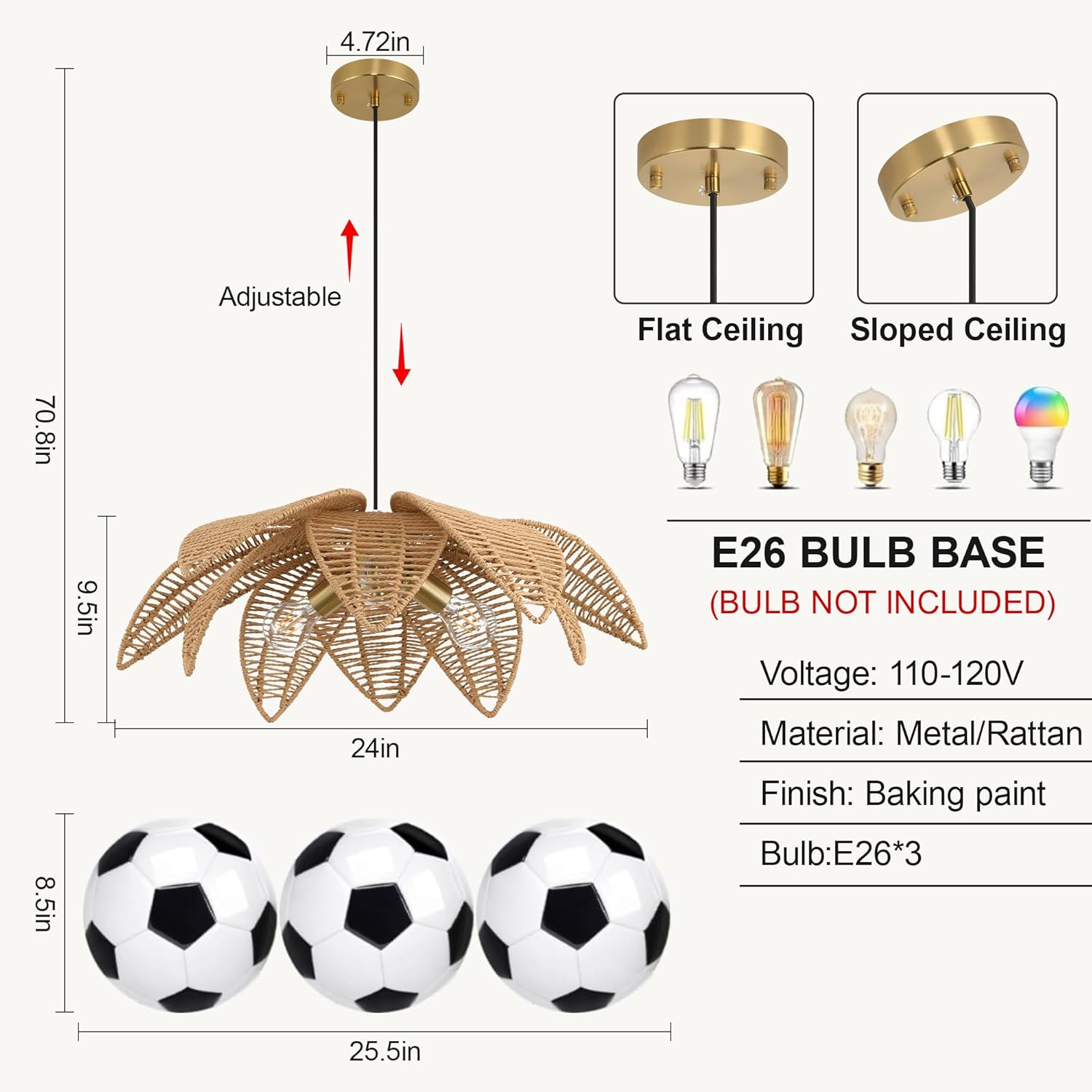 24” Floral Rattan Chandeliers for Dining Room, 3-Light Large Boho Pendant Lights Fixture, Hand Woven Wicker Ceiling Lights, Farmhouse Coastal Hanging Chandeliers for Kitchen Island Bedroom Living Room