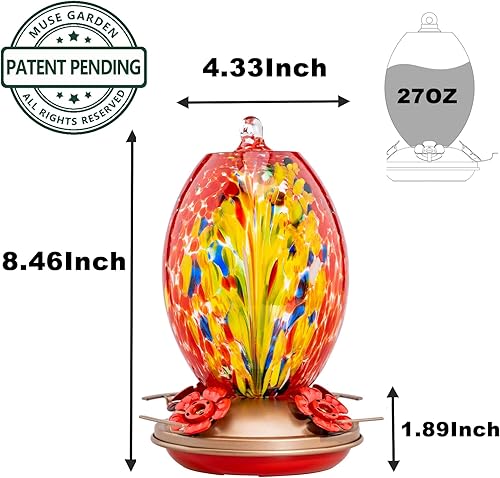 Miniatura 26 de Muse Garden - Comedero de vidrio soplado de 27 onzas para colibríes para exteriores; regalo p/mamá, mujeres, abuelos, decoración de jardín p/colgar