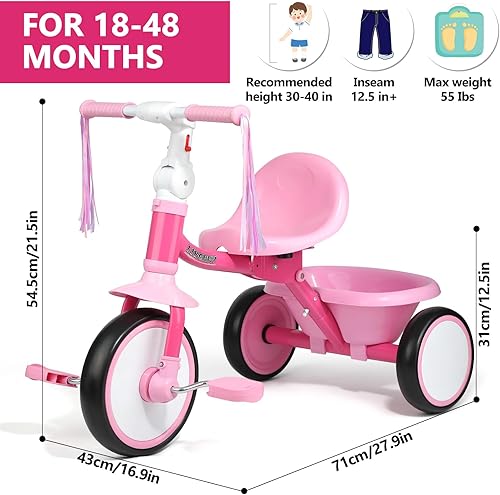 Miniatura 6 de Liberry Triciclo plegable para niños de 2, 3 y 4 años, triciclo para niños con asiento ajustable, cesta y serpentinas, juguete de 3 ruedas para