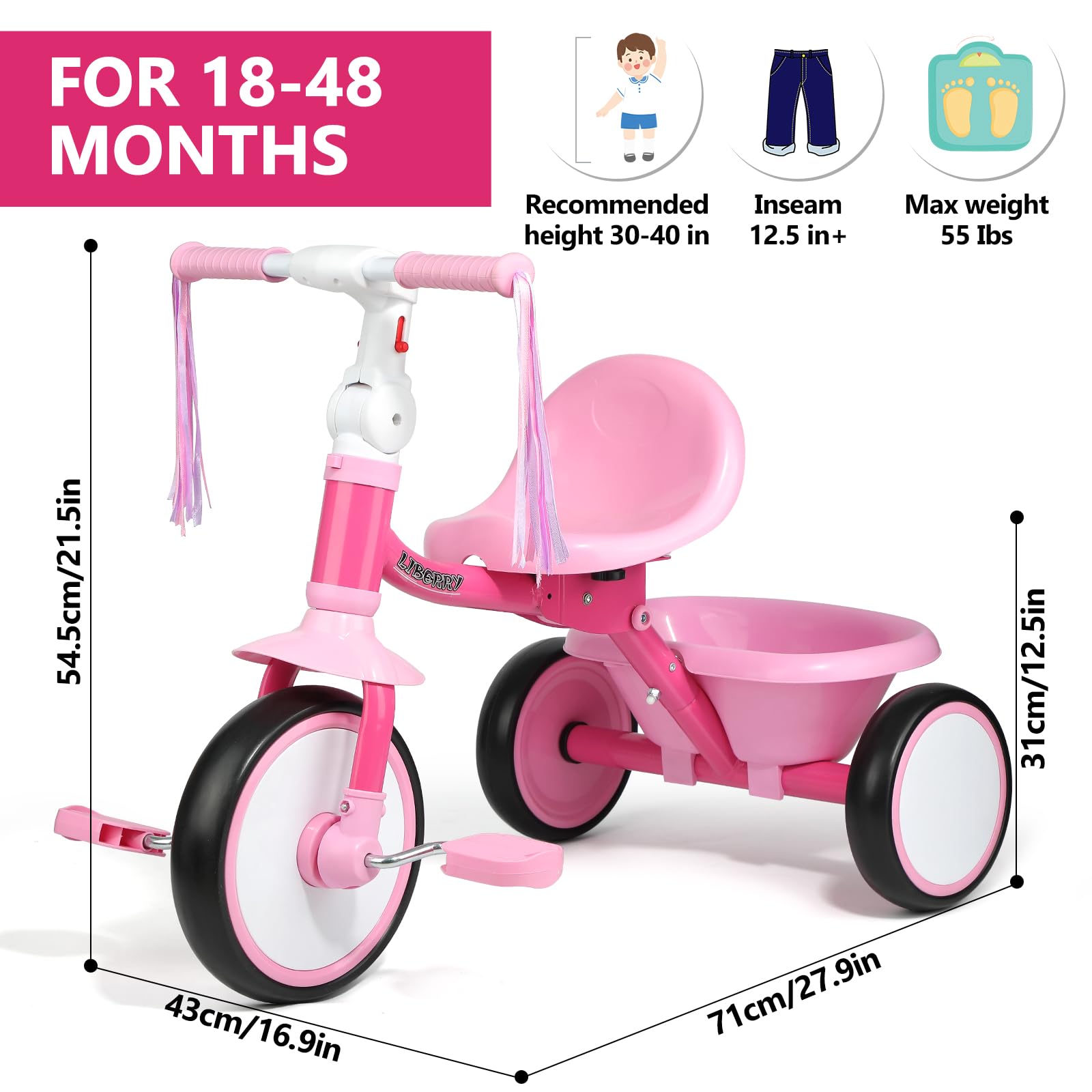 Triciclo plegable para niños de 2, 3 y 4 años, triciclo para niños con asiento ajustable, cesta y serpentinas, juguete de 3 ruedas para montar en bicicleta, regalo de cumpleaños para niñas y 6