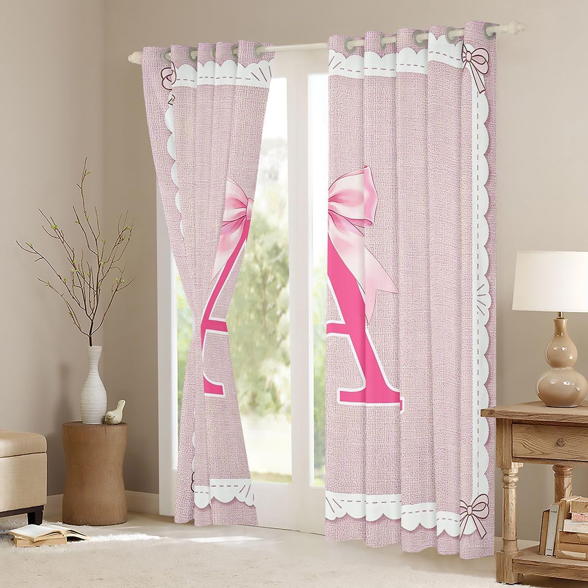 Feelyou Bow Blackout Curtains Bowknot Darkening Drapes for Bedroom Living Room Decor Pink Bow Thermal Insulated Shades Kawaii Window Treatments, 2 Panels 38 x 54 Inch Personalized Initial A