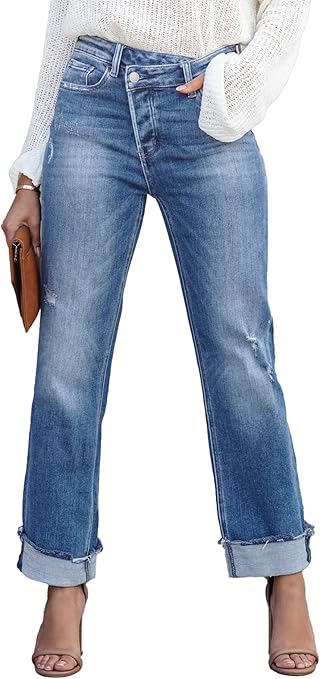 Jeans for Women Trendy High Waisted Corssover Boyfriend Jeans Distressed Stretchy Denim Pants