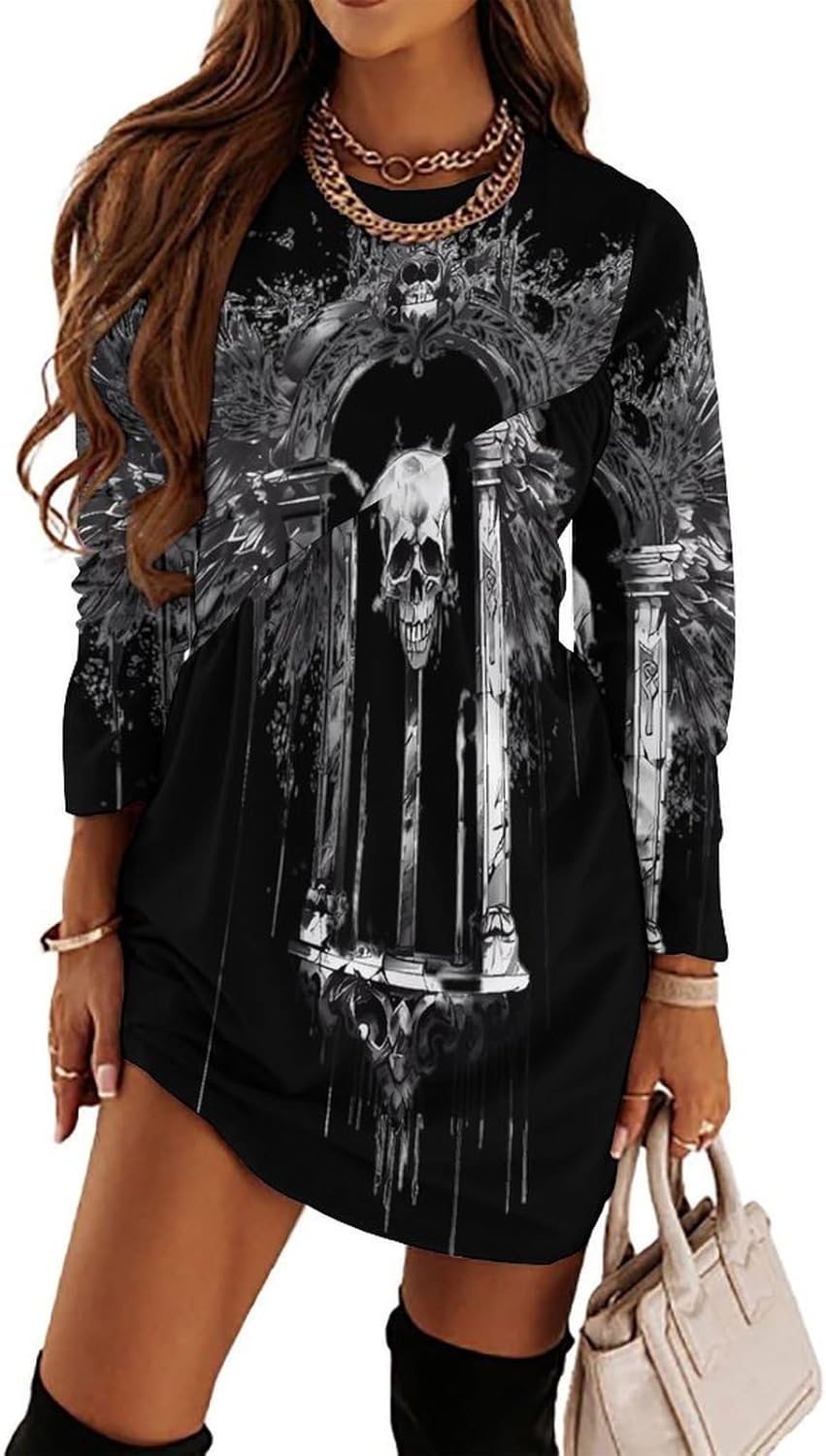 Crosses Skull with Wings Women's Fleece Sleeve Sweatshirt Dress Long Pullover Casual Dresses