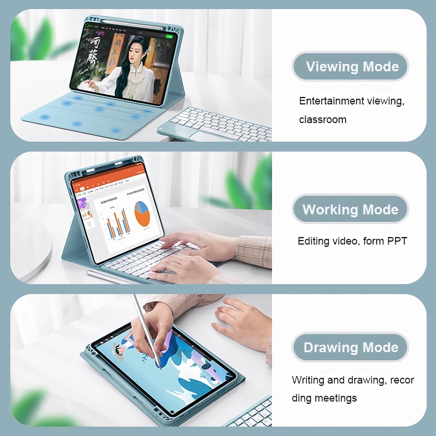 Etui z klawiaturą do Honor Pad X8A 11 cali, zdejmowana klawiatura Bluetooth z panelem dotykowym, miękka tylna pokrywa i mysz Bluetooth, niebieski